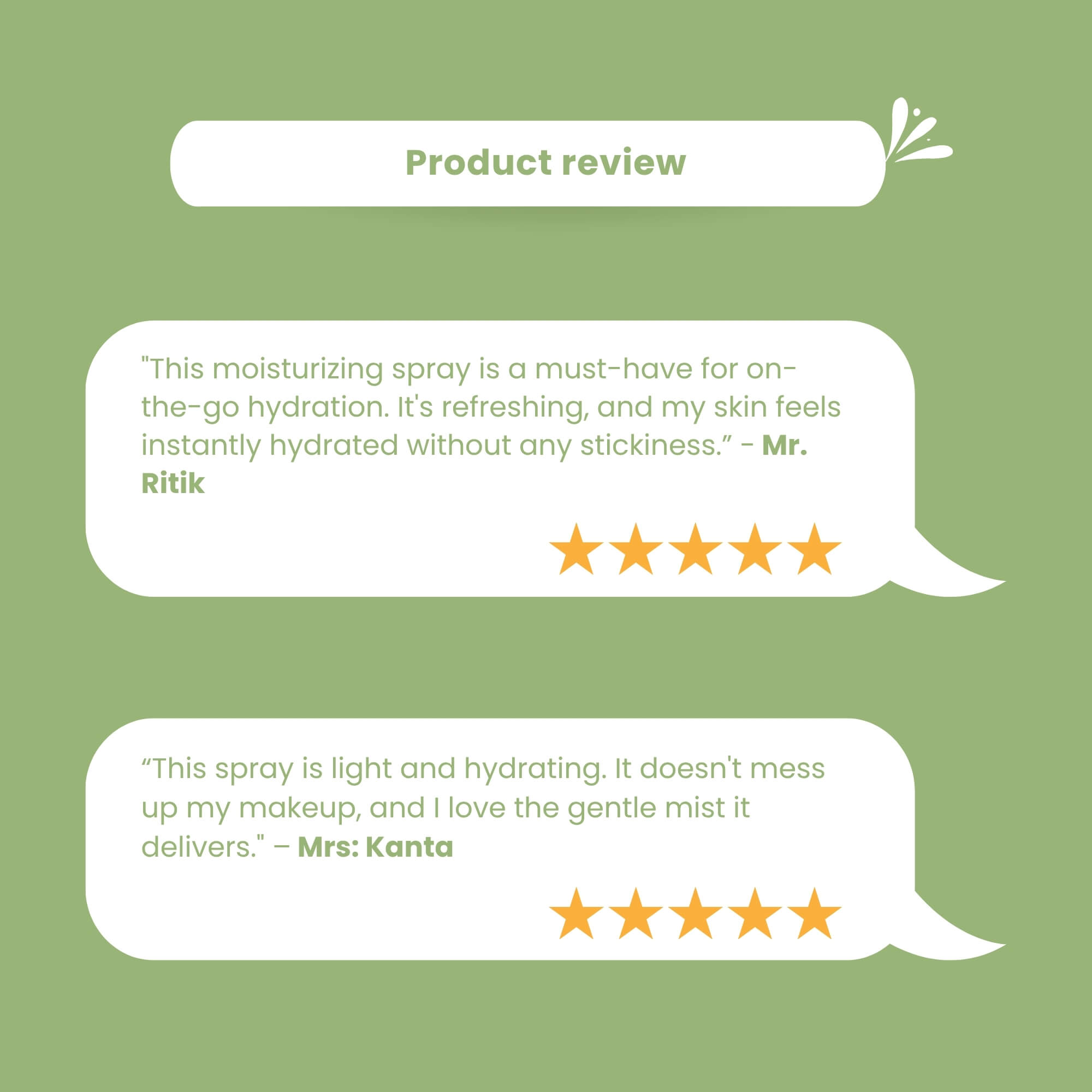 Customer reviews of Skinaa Moisturizing Spray highlighting refreshing hydration, non-sticky feel, and light mist that keeps skin soft and makeup-friendly